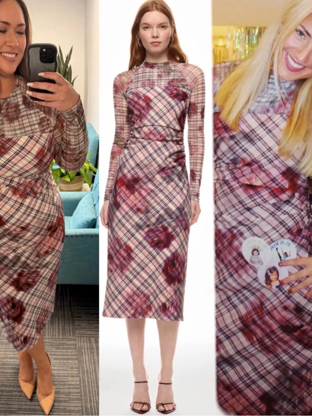 Amur Plaid Long-Sleeve Midi Dress - Pink size 6.